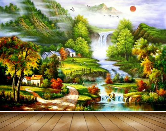 Avikalp MWZ2776 Sun Birds Trees House Orange Leaves Flowers Waterfalls Mountains River Pond Water Painting HD Wallpaper