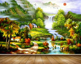 Avikalp MWZ2776 Sun Birds Trees House Orange Leaves Flowers Waterfalls Mountains River Pond Water Painting HD Wallpaper