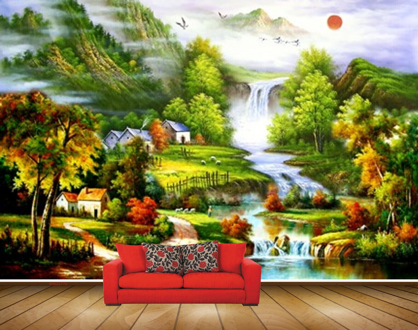 Avikalp MWZ2776 Sun Birds Trees House Orange Leaves Flowers Waterfalls Mountains River Pond Water Painting HD Wallpaper