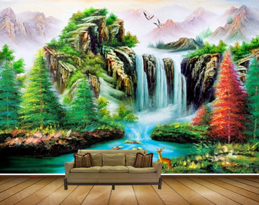 Avikalp MWZ2777 Waterfalls Trees Mountains Boat Deers Birds Stones River Pond Water Painting HD Wallpaper