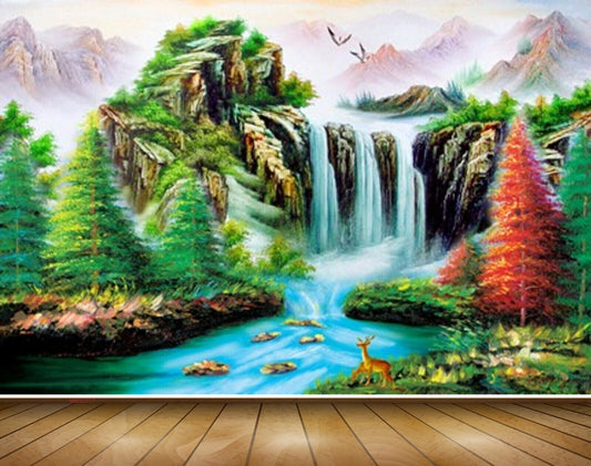 Avikalp MWZ2777 Waterfalls Trees Mountains Boat Deers Birds Stones River Pond Water Painting HD Wallpaper