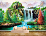 Avikalp MWZ2777 Waterfalls Trees Mountains Boat Deers Birds Stones River Pond Water Painting HD Wallpaper