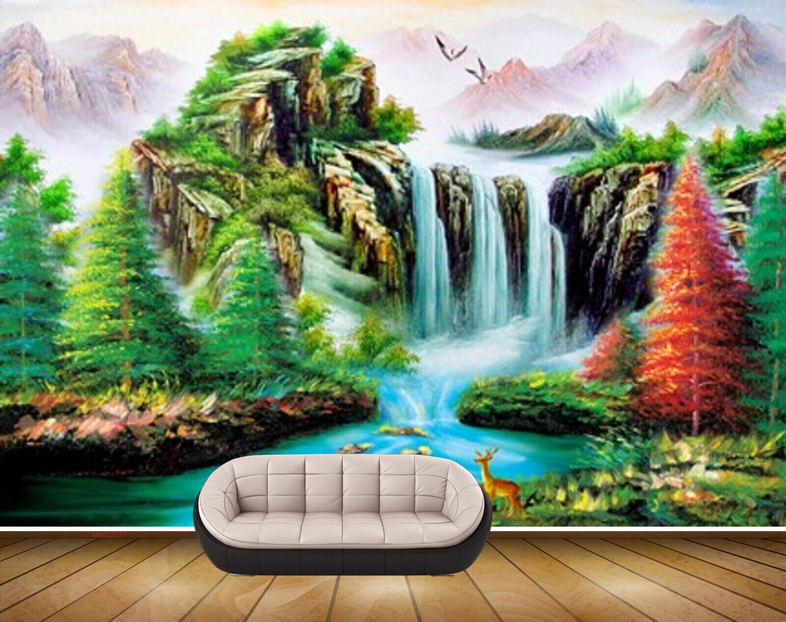 Avikalp MWZ2777 Waterfalls Trees Mountains Boat Deers Birds Stones River Pond Water Painting HD Wallpaper