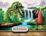 Avikalp MWZ2777 Waterfalls Trees Mountains Boat Deers Birds Stones River Pond Water Painting HD Wallpaper