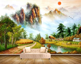 Avikalp MWZ2778 Sun Mountains Birds Trees Houses Clouds Road Pond RIver Water Grass Painting HD Wallpaper