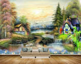 Avikalp MWZ2779 Trees Houses River Pond Water Ducks Birds SunFlowers Plants Painting HD Wallpaper