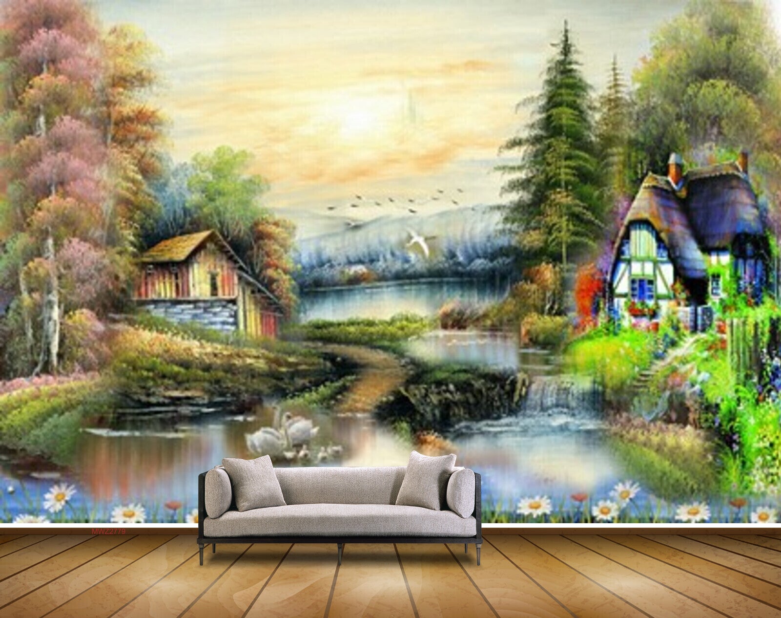 Avikalp MWZ2779 Trees Houses River Pond Water Ducks Birds SunFlowers Plants Painting HD Wallpaper