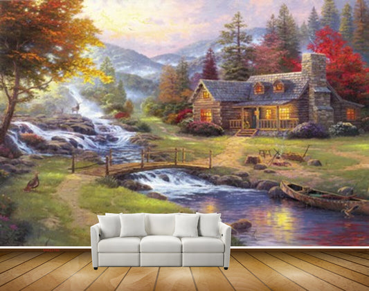 Avikalp MWZ2780 Waterfalls Mountains Houses River Pond Water Houses Trees Red Flowers Bridge Grass Boat Birds Painting HD Wallpaper