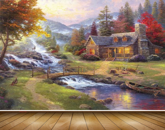 Avikalp MWZ2780 Waterfalls Mountains Houses River Pond Water Houses Trees Red Flowers Bridge Grass Boat Birds Painting HD Wallpaper