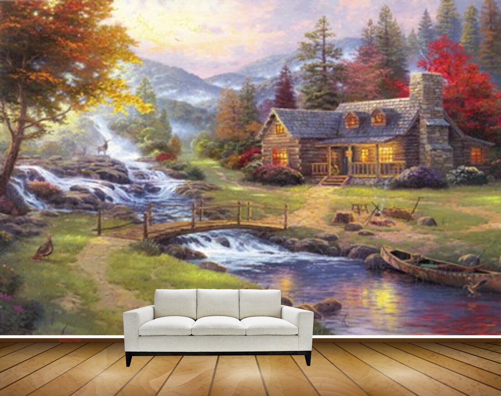 Avikalp MWZ2780 Waterfalls Mountains Houses River Pond Water Houses Trees Red Flowers Bridge Grass Boat Birds Painting HD Wallpaper
