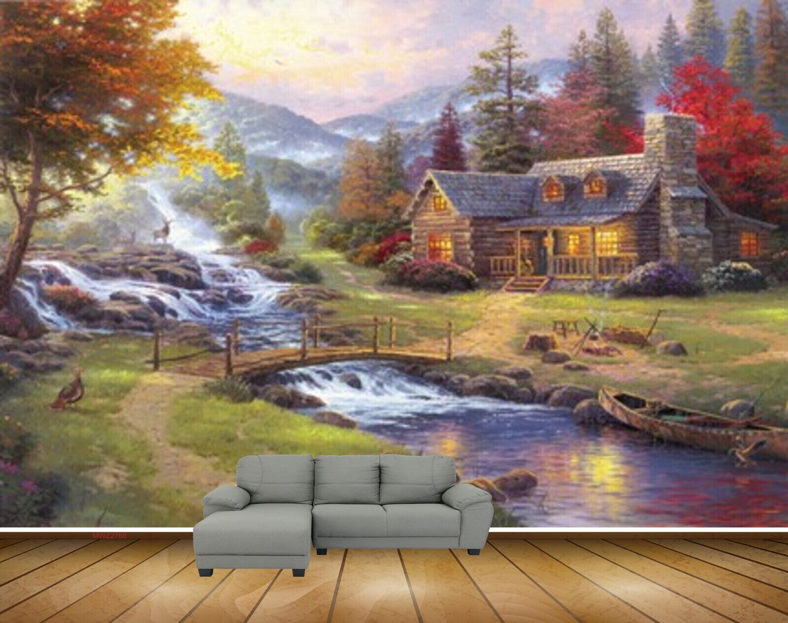 Avikalp MWZ2780 Waterfalls Mountains Houses River Pond Water Houses Trees Red Flowers Bridge Grass Boat Birds Painting HD Wallpaper