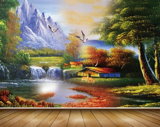 Avikalp MWZ2781 Mountains Waterfalls Houses Birds Trees Grass Plants River Pond Water Dees Painting HD Wallpaper