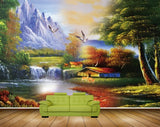 Avikalp MWZ2781 Mountains Waterfalls Houses Birds Trees Grass Plants River Pond Water Dees Painting HD Wallpaper