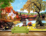 Avikalp MWZ2782 Trees Birds House Ducks Grass Cock Hen Stones River Pond Water Painting HD Wallpaper