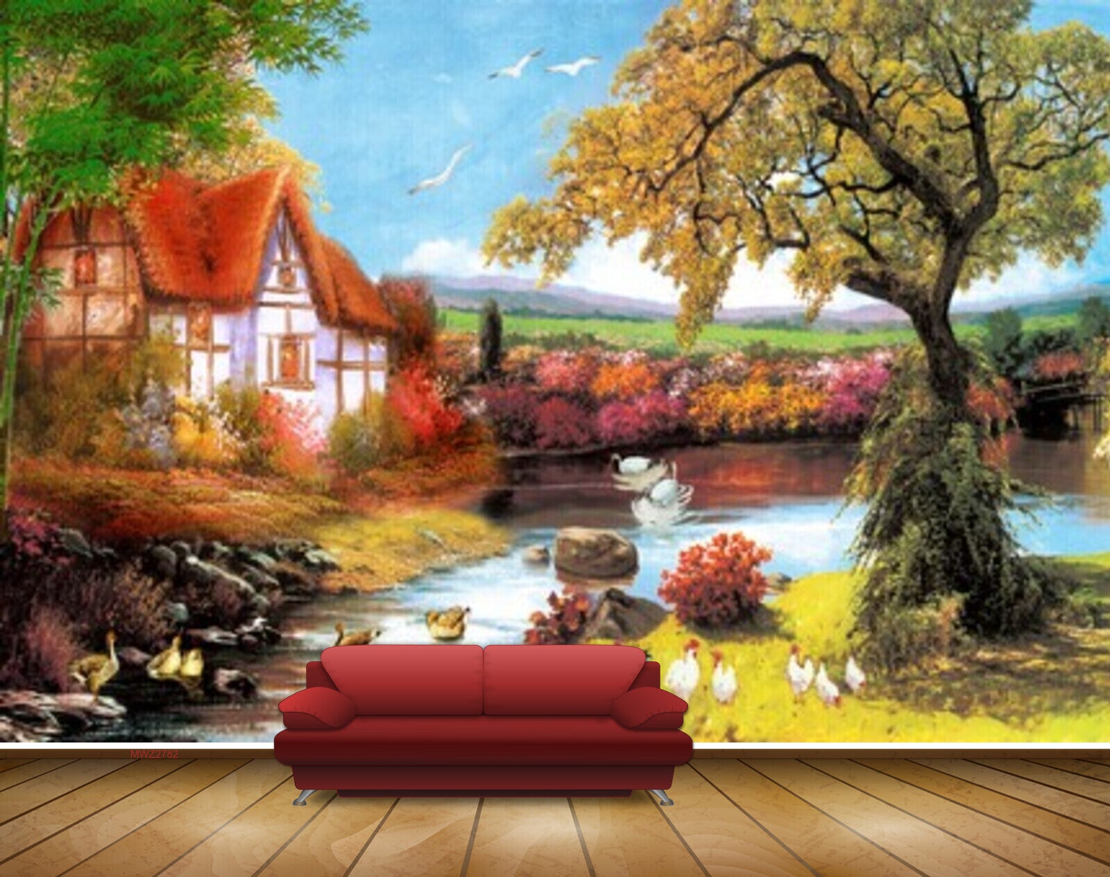 Avikalp MWZ2782 Trees Birds House Ducks Grass Cock Hen Stones River Pond Water Painting HD Wallpaper