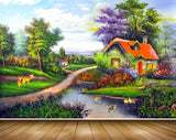 Avikalp MWZ2783 Clouds Trees Houses Deers River Pond Water Ducks Flowers Plants Painting HD Wallpaper