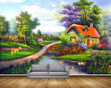 Avikalp MWZ2783 Clouds Trees Houses Deers River Pond Water Ducks Flowers Plants Painting HD Wallpaper