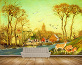 Avikalp MWZ2784 Trees Birds Deers Houses Cocks River Water Grass Painting HD Wallpaper