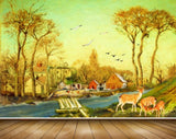 Avikalp MWZ2784 Trees Birds Deers Houses Cocks River Water Grass Painting HD Wallpaper