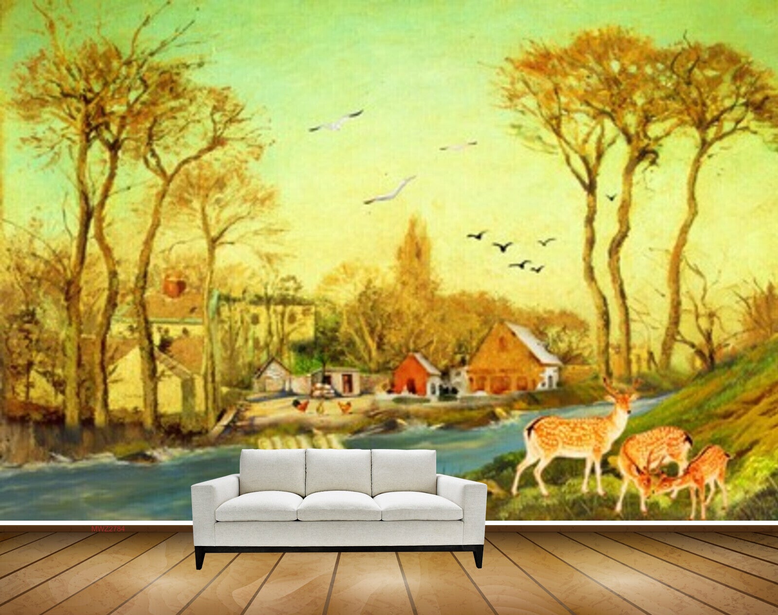 Avikalp MWZ2784 Trees Birds Deers Houses Cocks River Water Grass Painting HD Wallpaper