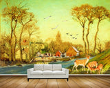 Avikalp MWZ2784 Trees Birds Deers Houses Cocks River Water Grass Painting HD Wallpaper