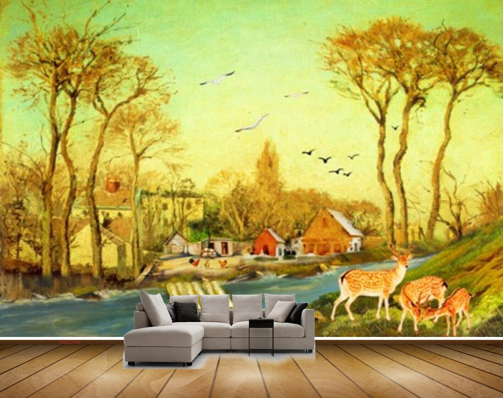 Avikalp MWZ2784 Trees Birds Deers Houses Cocks River Water Grass Painting HD Wallpaper