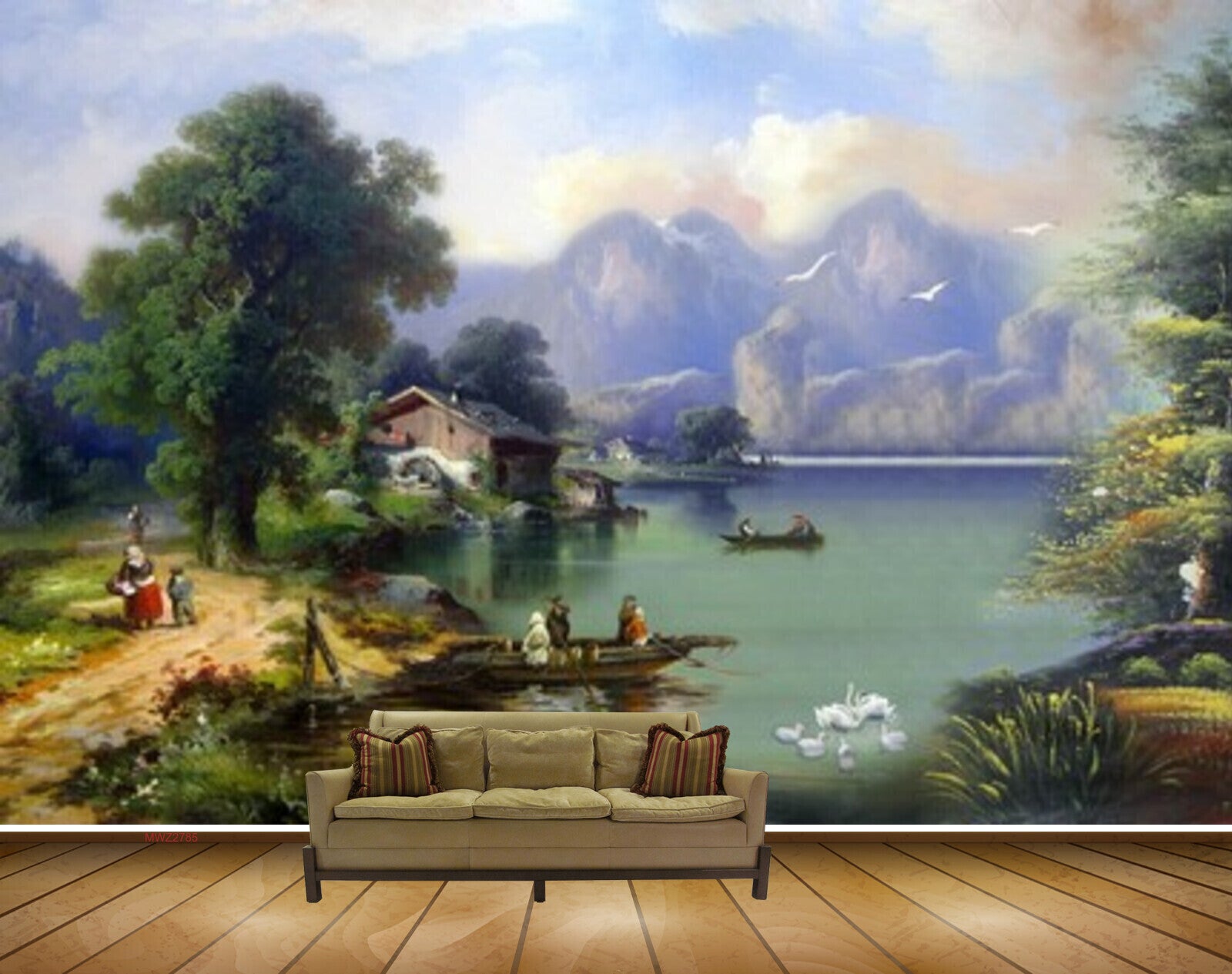 Avikalp MWZ2785 Mountains Clouds Trees River Lake Water Boat Houses People Road Painting HD Wallpaper
