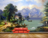 Avikalp MWZ2785 Mountains Clouds Trees River Lake Water Boat Houses People Road Painting HD Wallpaper