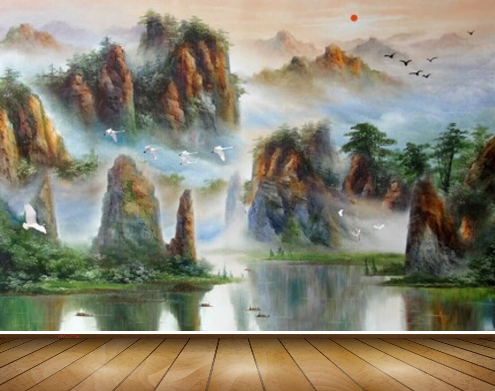 Avikalp MWZ2786 Mountains Trees Birds Sun River Lake Water Plants Painting HD Wallpaper