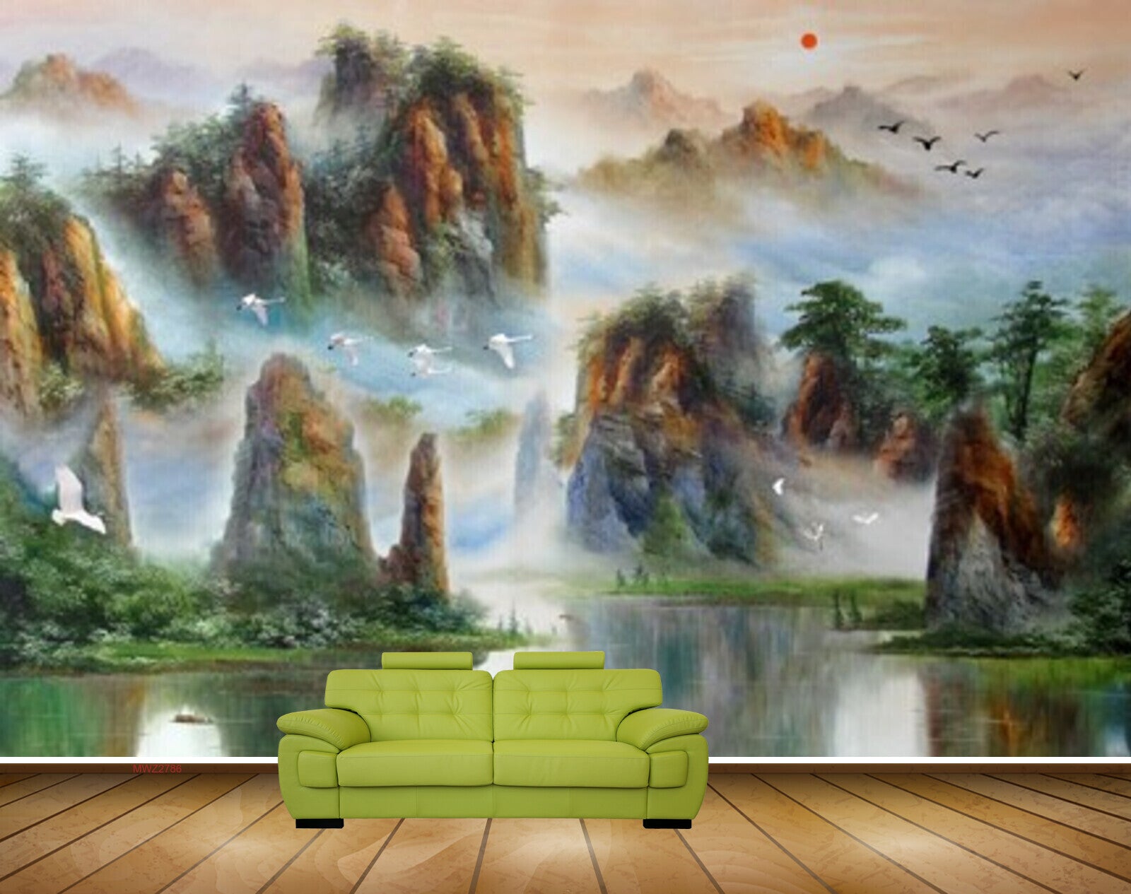 Avikalp MWZ2786 Mountains Trees Birds Sun River Lake Water Plants Painting HD Wallpaper
