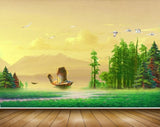 Avikalp MWZ2787 Clouds Birds Boat River Trees Mountains Grass Painting HD Wallpaper