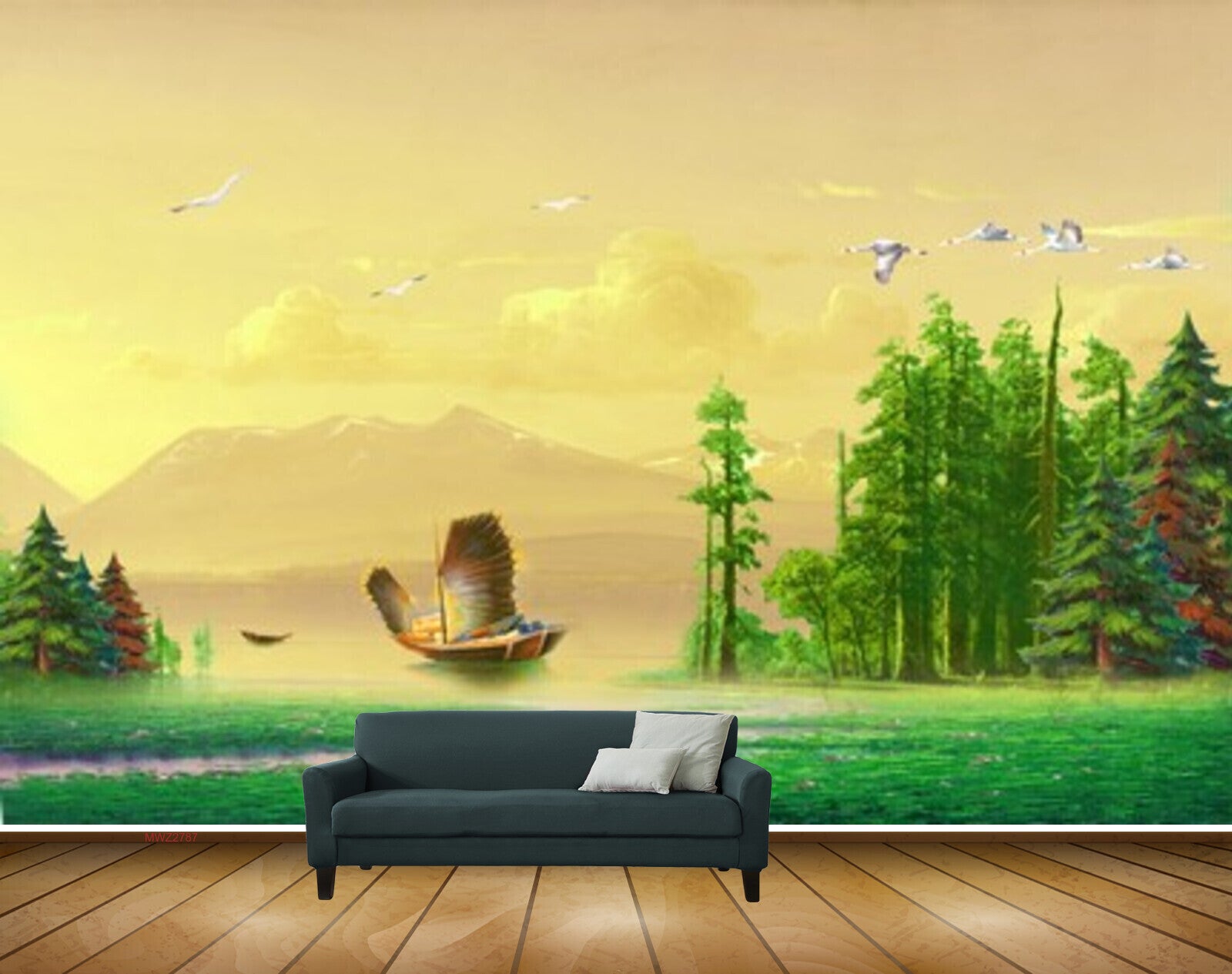 Avikalp MWZ2787 Clouds Birds Boat River Trees Mountains Grass Painting HD Wallpaper