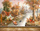 Avikalp MWZ2789 River Lake Pond Water Trees Houses Deers Cranes Boat Birds Ducks Painting HD Wallpaper