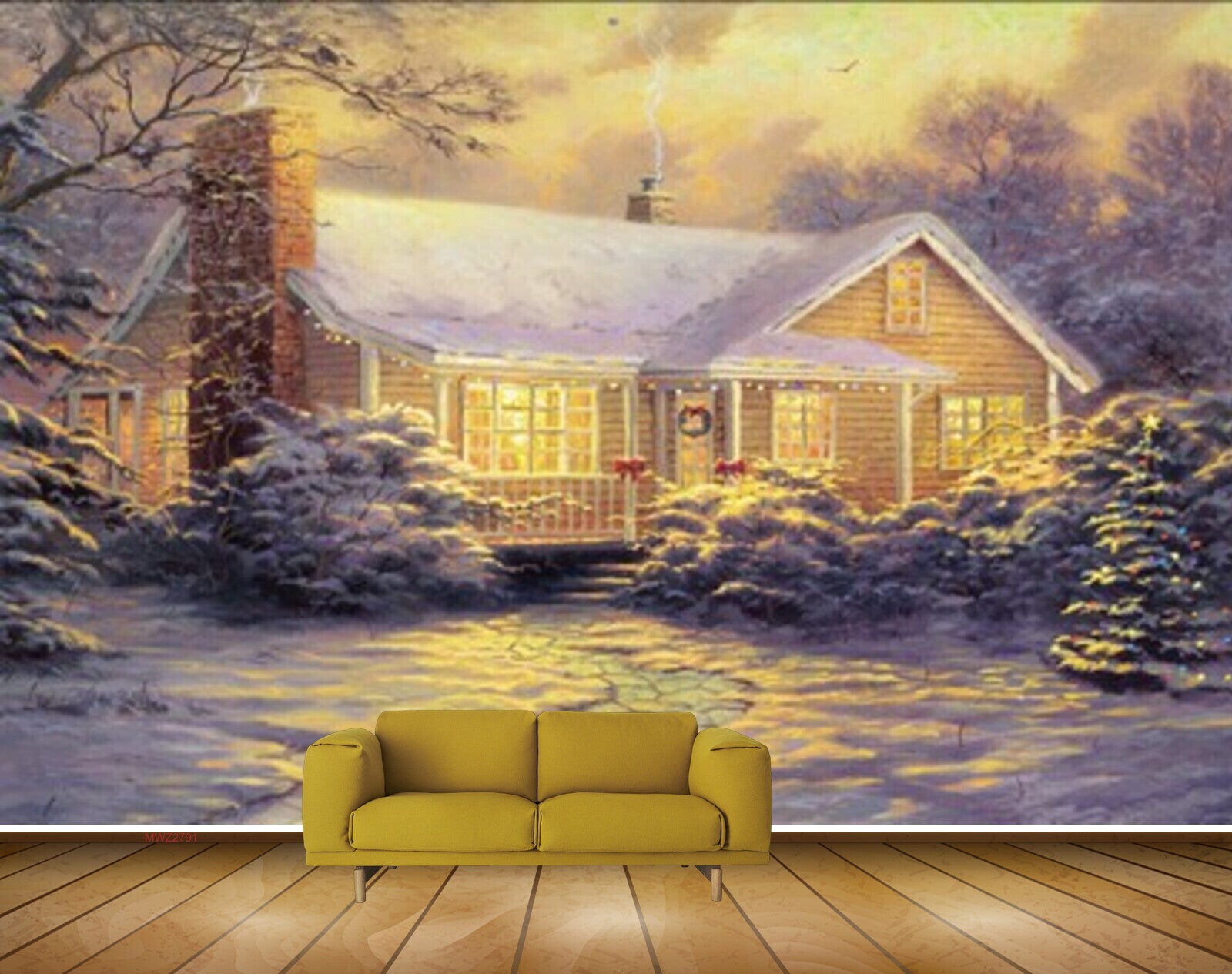 Avikalp MWZ2791 Plants House Trees Snow Night Painting HD Wallpaper