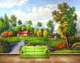 Avikalp MWZ2792 Clouds Trees Houses River Pond Water Grass Stones Garden Painting HD Wallpaper
