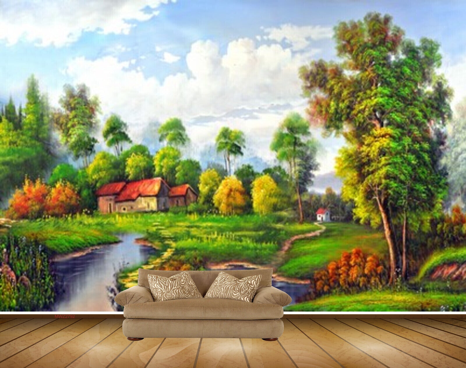 Avikalp MWZ2792 Clouds Trees Houses River Pond Water Grass Stones Garden Painting HD Wallpaper