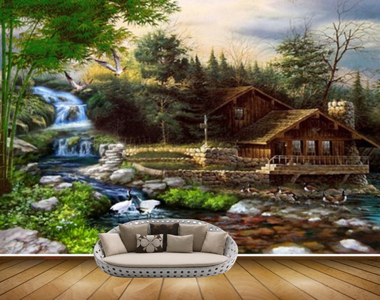 Avikalp MWZ2793 Waterfall Cranes Stones Grass House Trees Plants River Pond Water Painting HD Wallpaper