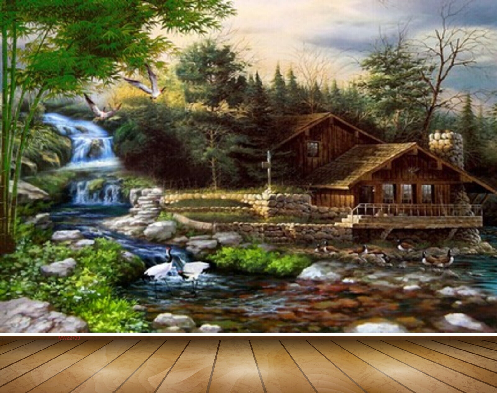 Avikalp MWZ2793 Waterfall Cranes Stones Grass House Trees Plants River Pond Water Painting HD Wallpaper