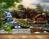 Avikalp MWZ2793 Waterfall Cranes Stones Grass House Trees Plants River Pond Water Painting HD Wallpaper