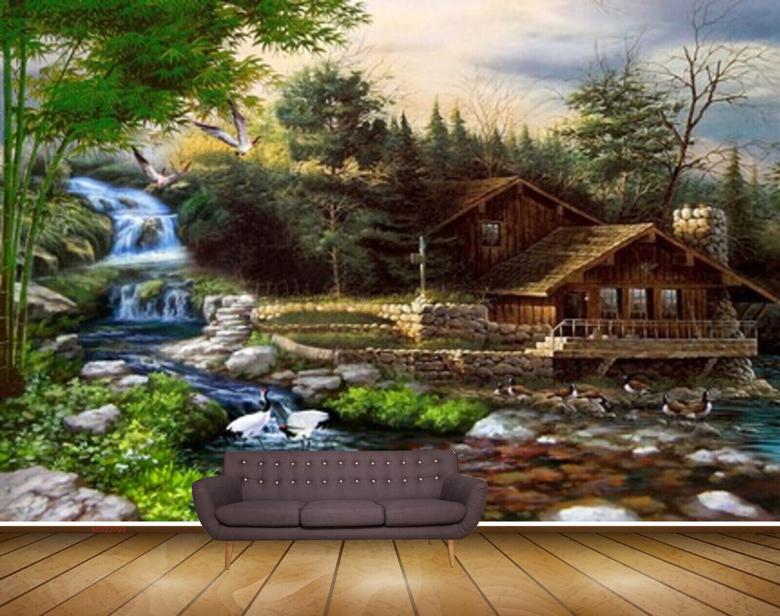 Avikalp MWZ2793 Waterfall Cranes Stones Grass House Trees Plants River Pond Water Painting HD Wallpaper