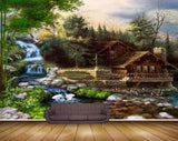 Avikalp MWZ2793 Waterfall Cranes Stones Grass House Trees Plants River Pond Water Painting HD Wallpaper