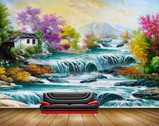 Avikalp MWZ2794 Waterfalls Trees Pink Yellow Flowers Stones House Mountains Ducks Clouds Painting HD Wallpaper