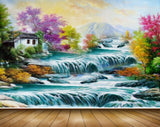 Avikalp MWZ2794 Waterfalls Trees Pink Yellow Flowers Stones House Mountains Ducks Clouds Painting HD Wallpaper