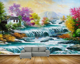 Avikalp MWZ2794 Waterfalls Trees Pink Yellow Flowers Stones House Mountains Ducks Clouds Painting HD Wallpaper