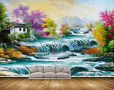 Avikalp MWZ2794 Waterfalls Trees Pink Yellow Flowers Stones House Mountains Ducks Clouds Painting HD Wallpaper