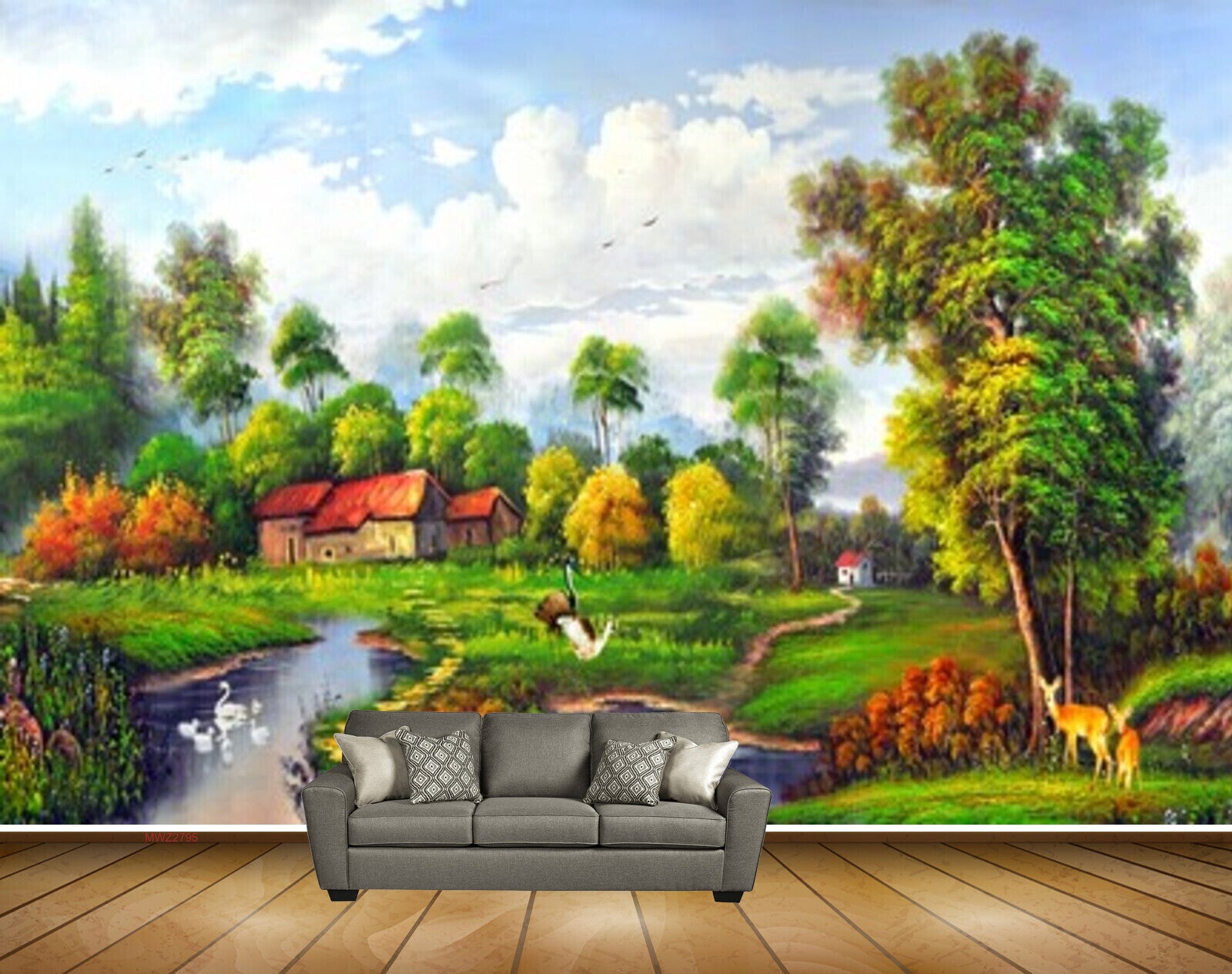 Avikalp MWZ2795 Clouds Trees Houses River Pond Water Grass Stones Garden Deers Ducks Painting HD Wallpaper