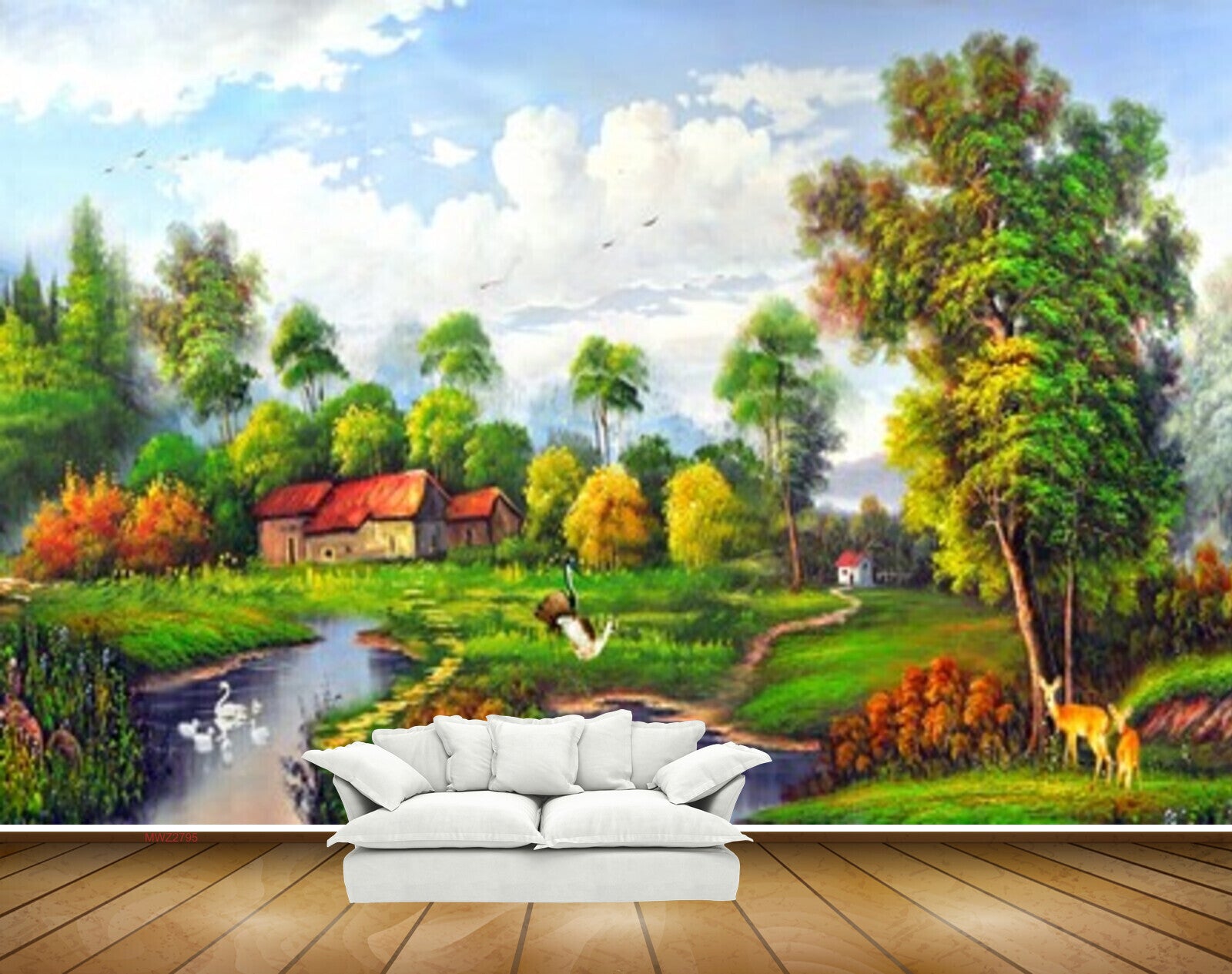 Avikalp MWZ2795 Clouds Trees Houses River Pond Water Grass Stones Garden Deers Ducks Painting HD Wallpaper