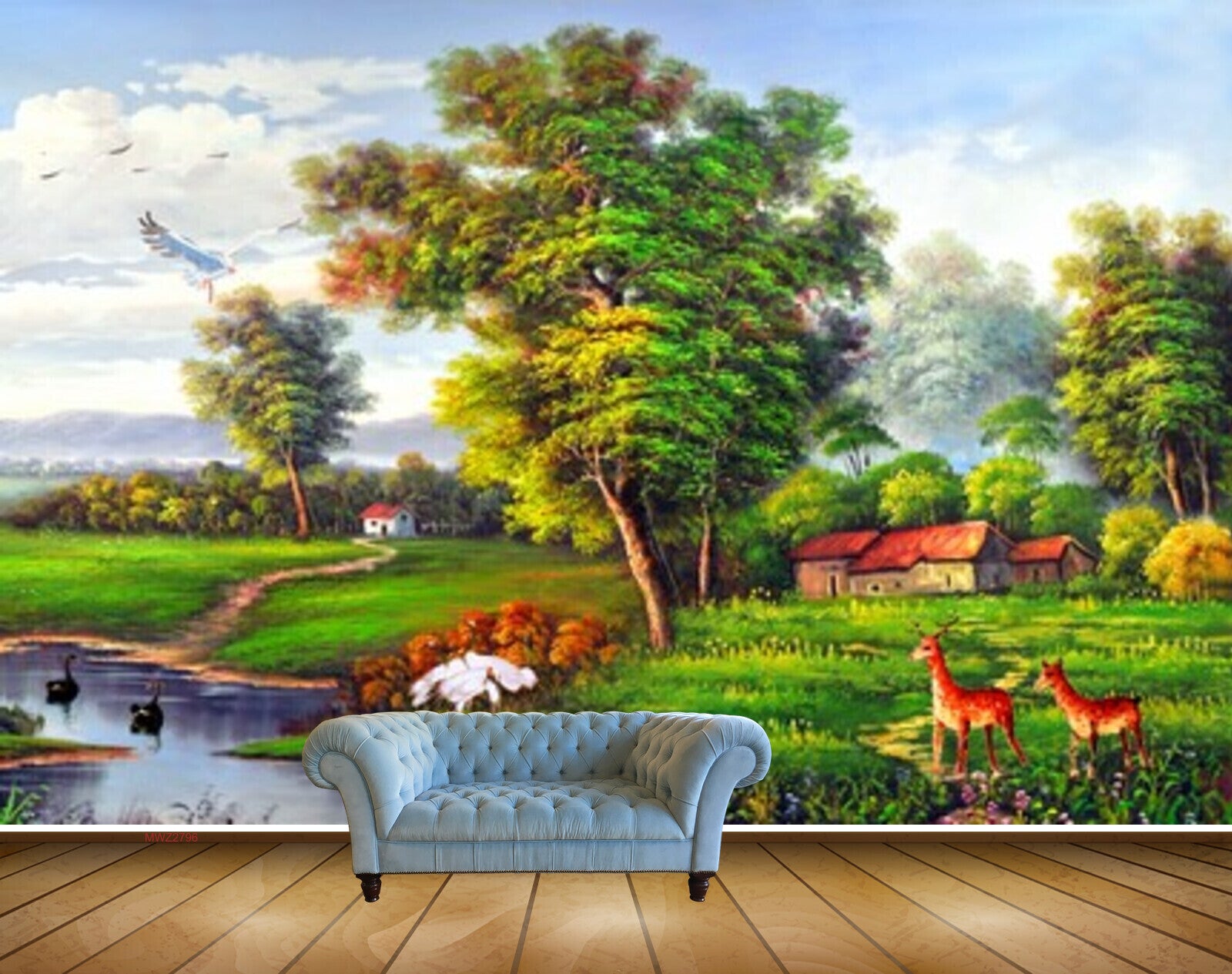 Avikalp MWZ2796 Trees Deer Houses Lake Grass Ducks Cranes Clouds Flowers Plants Painting HD Wallpaper