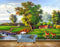 Avikalp MWZ2796 Trees Deer Houses Lake Grass Ducks Cranes Clouds Flowers Plants Painting HD Wallpaper