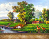 Avikalp MWZ2796 Trees Deer Houses Lake Grass Ducks Cranes Clouds Flowers Plants Painting HD Wallpaper